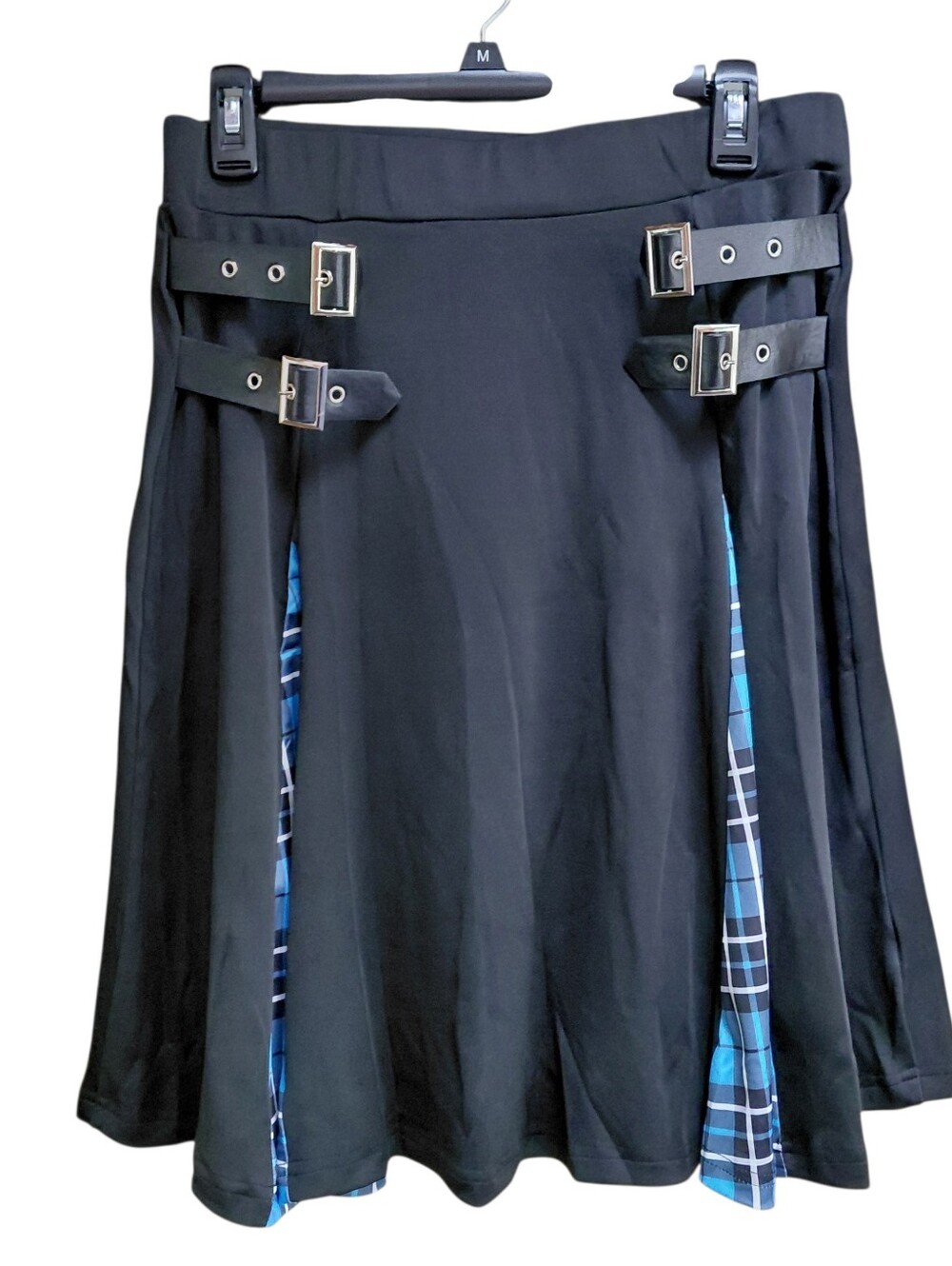 Punk Goth Alt Grunge Black Buckle A-line Kilt Style Skirt With Tartan Insert  XL
